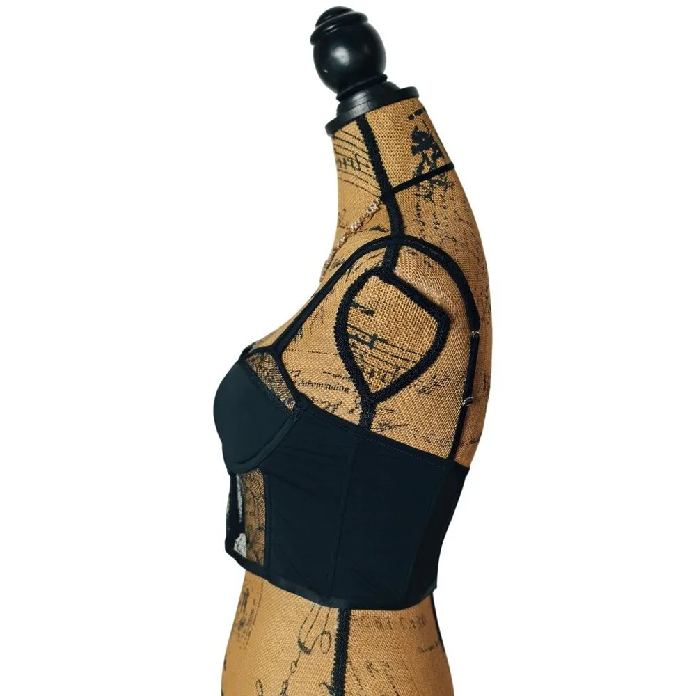 Hunter & Brown M Corset Bustier Black Illusion Lace Boning Intimate Sexy NEW - Picture 5 of 8
